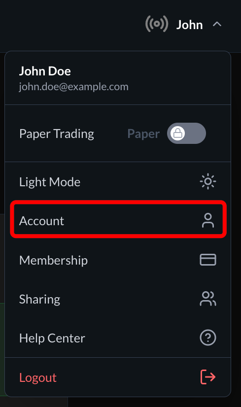 Account Menu Navigation
