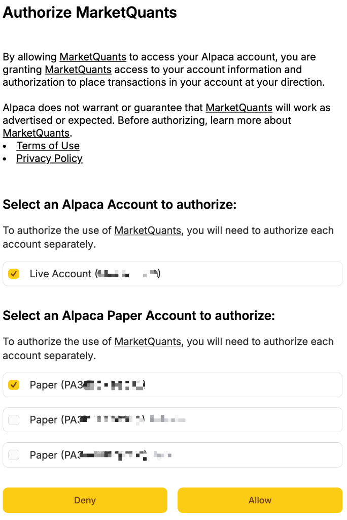 Alpaca Authorization Screen